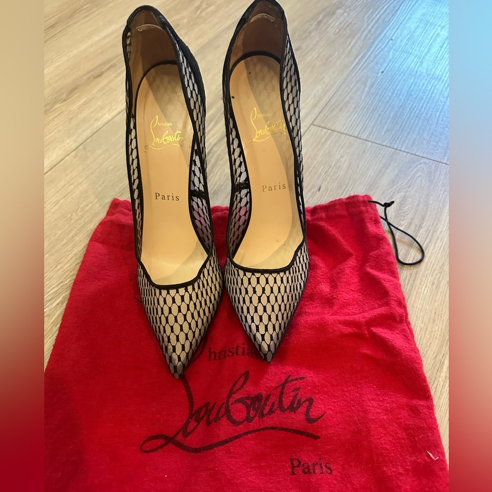 Christian Louboutin Follies Resille Black Mesh Pumps size 38 1/2